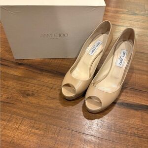 JIMMY CHOO Tiara Nude Tan Peeptoe Pumps Heels Stilletos Size 10.5